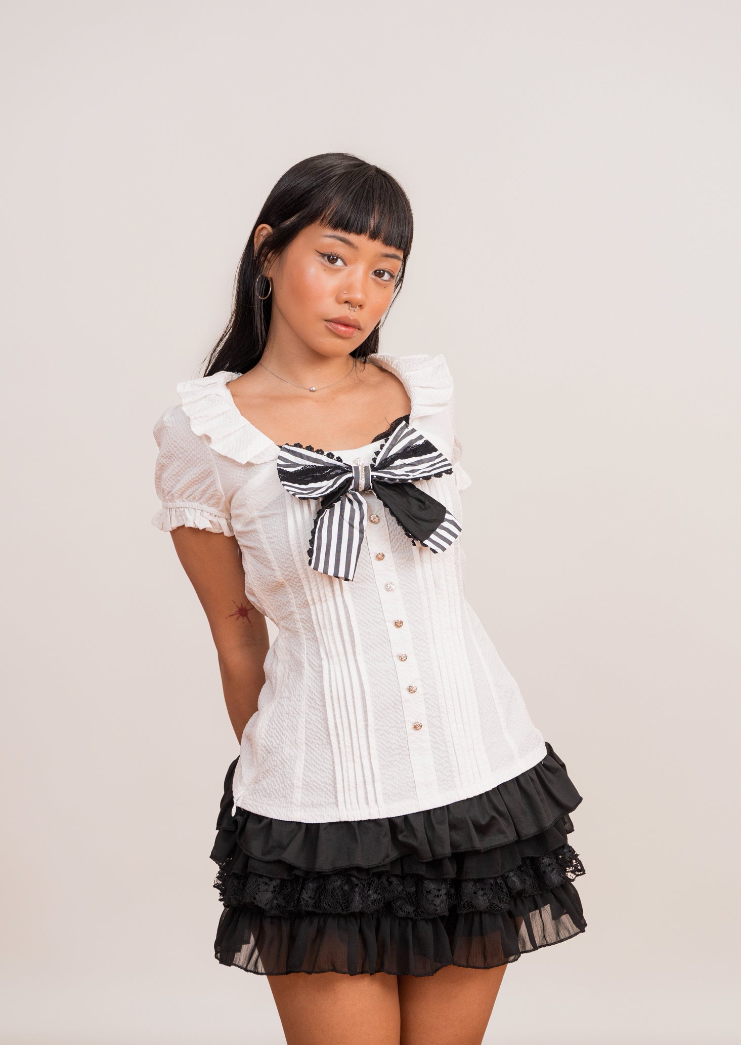 Monochrome Bow Three-Piece Outfit Set