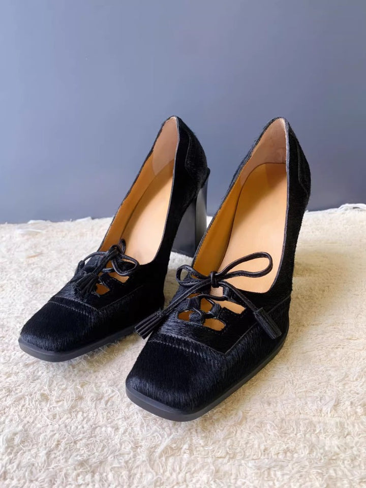 Retro Square Toe Bow Heels