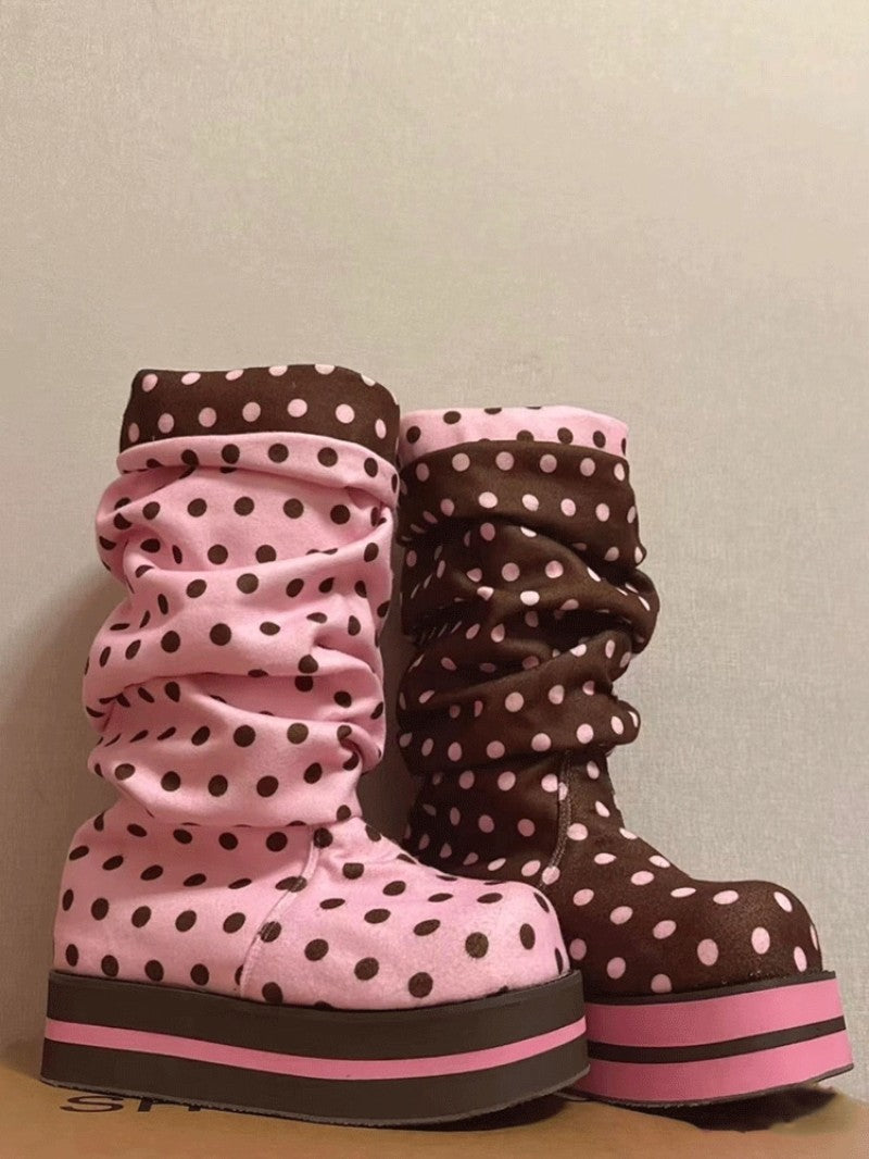 Polka Dot Platform Mid Calf Boots