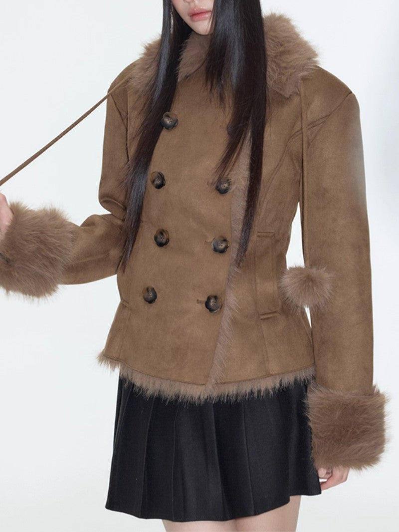 Fur-Lined Suede Patchwork Short Jacket