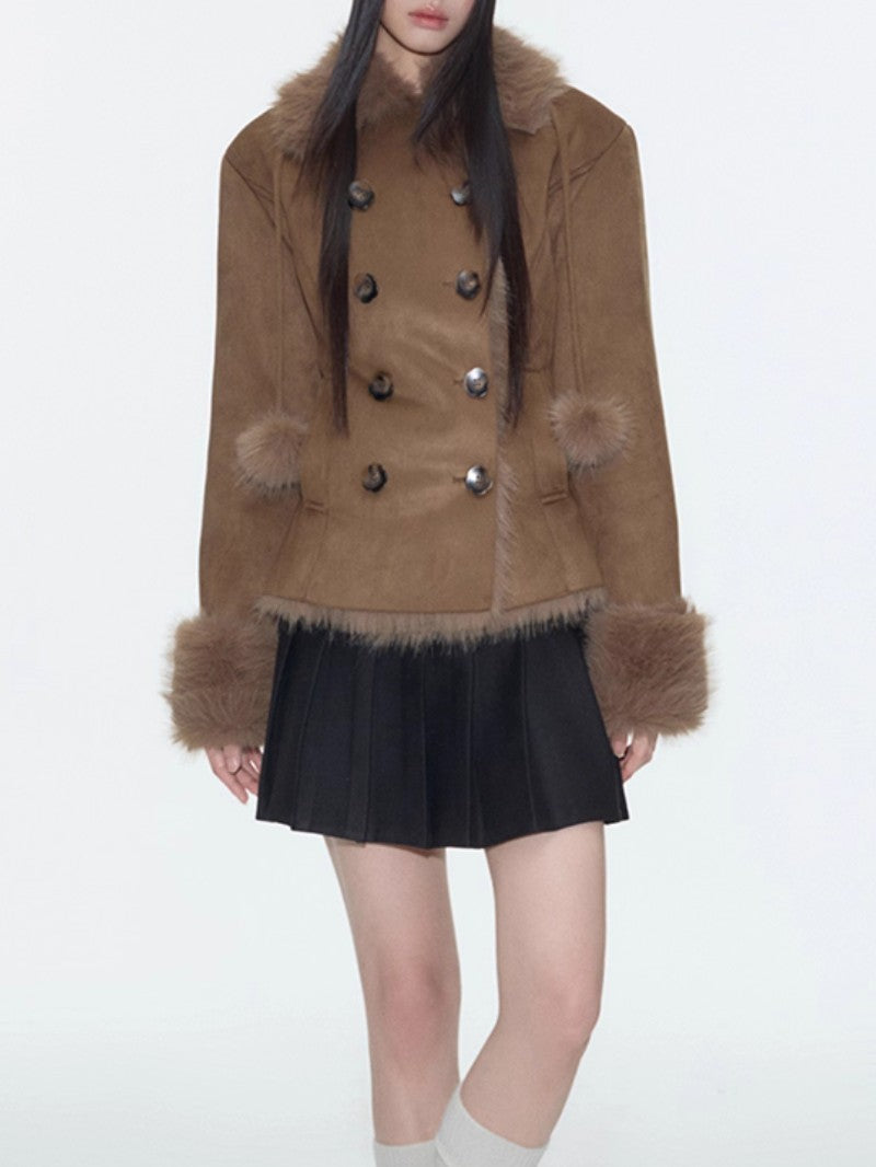 Fur-Lined Suede Patchwork Short Jacket