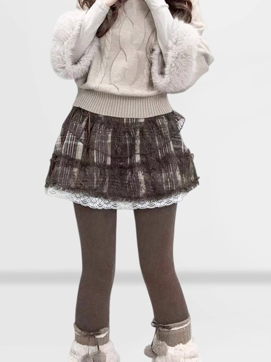 Plaid Patchwork Lace Woolen Mini Skirt