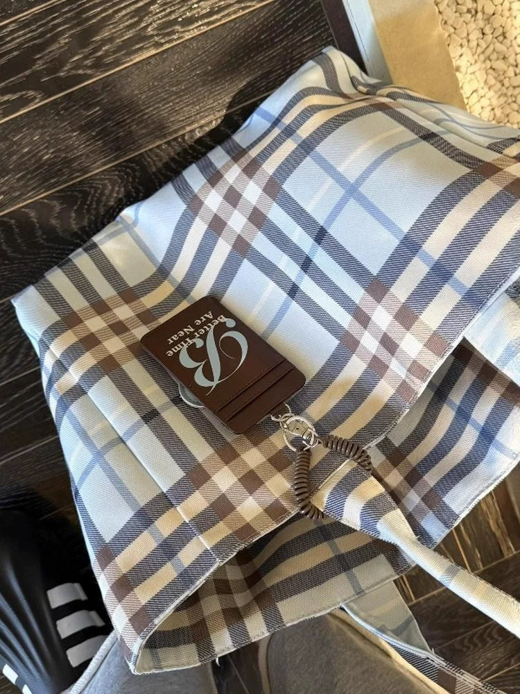 Double-Sided Plaid Canvas Tote Bag