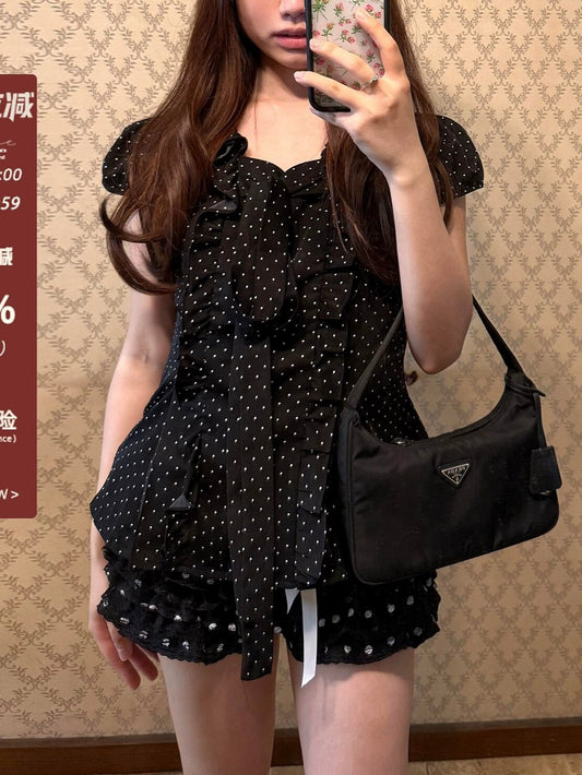 Bowknot Polka Dot Short-Sleeve Pleated Top