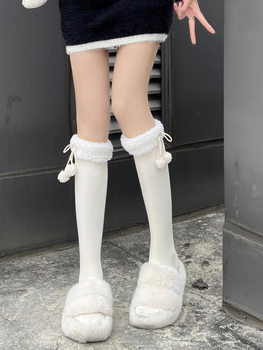 Creamy White Fleece Trim Thigh Socks